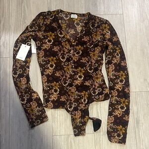 Wilfred Floral V-Neck Bodysuit - Brown and Gold